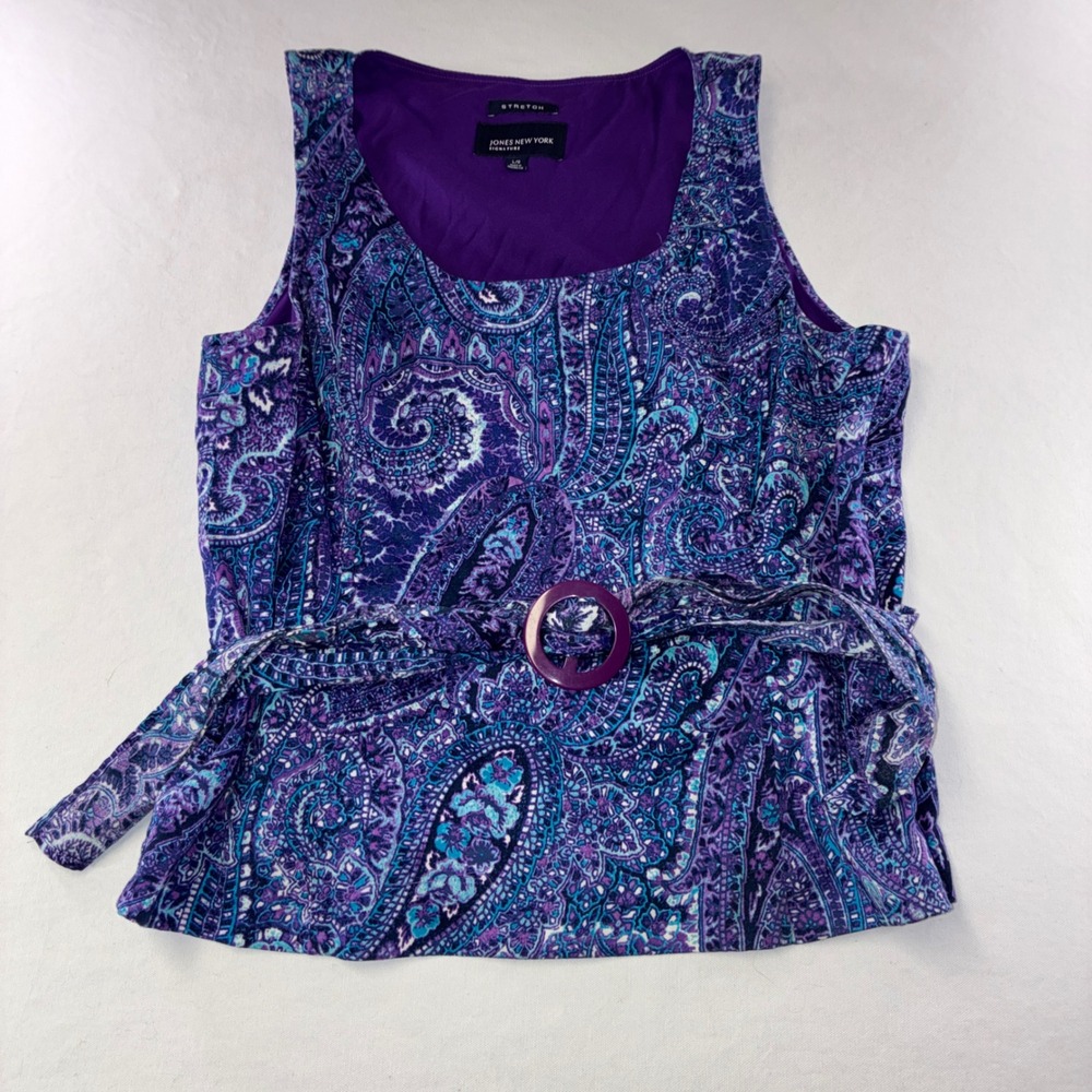 386 Jones New York Signature Tank Top L Purple Paisley Belted Stretch Blouse